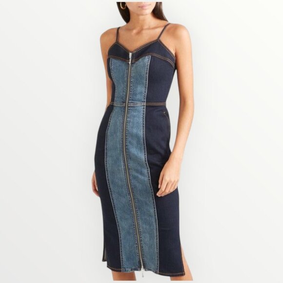 Current Elliott The Jacqueline Two-Toned Paneled Denim Midi Dress - Picture 2 of 11